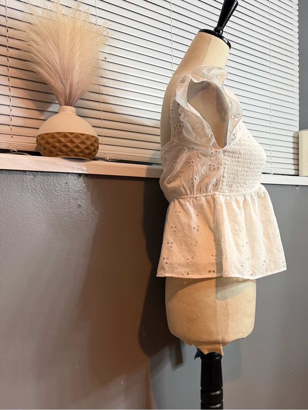 White Eyelet Smocked Peplum Blouse with Flutter Sleeves - Picture 4 of 8